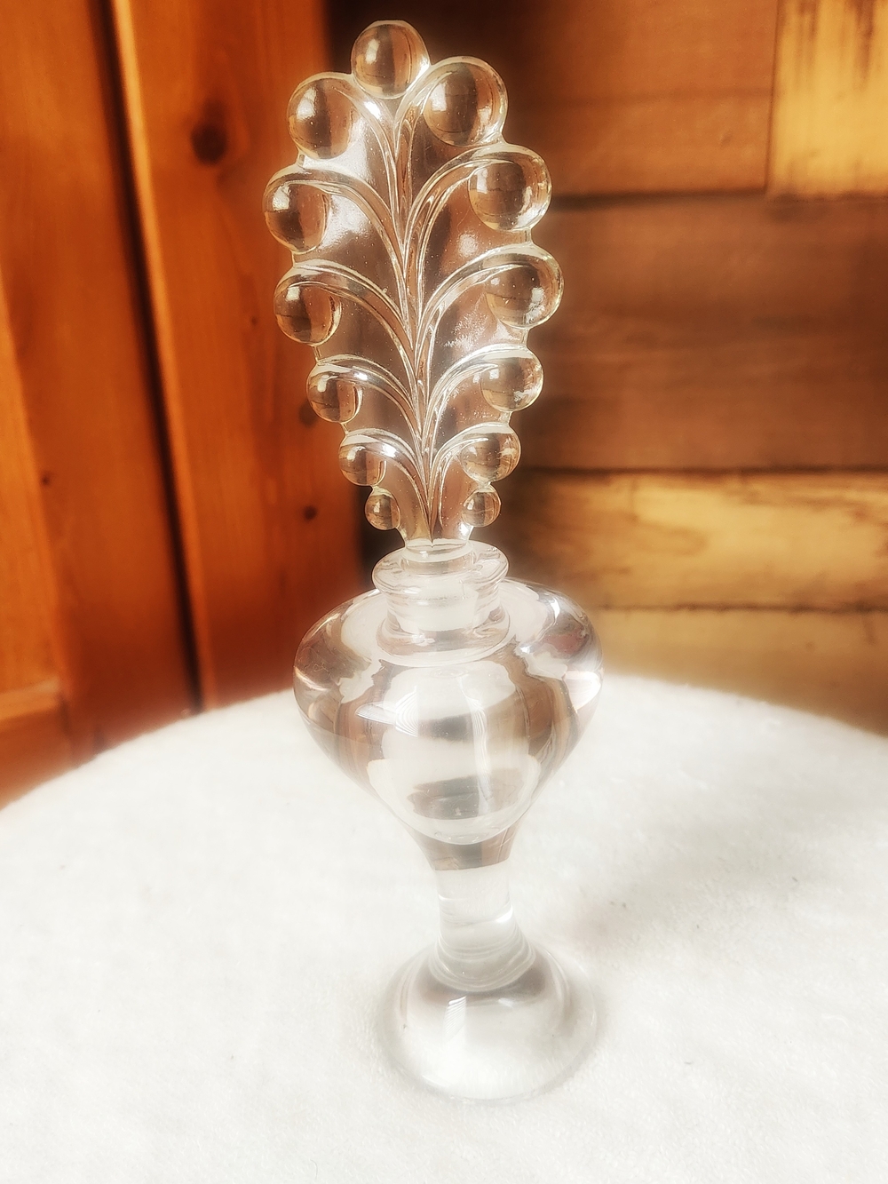 Clear Glass Decorative Perfume Bottle with Ornate Leaf Stopper- Unique-VTG